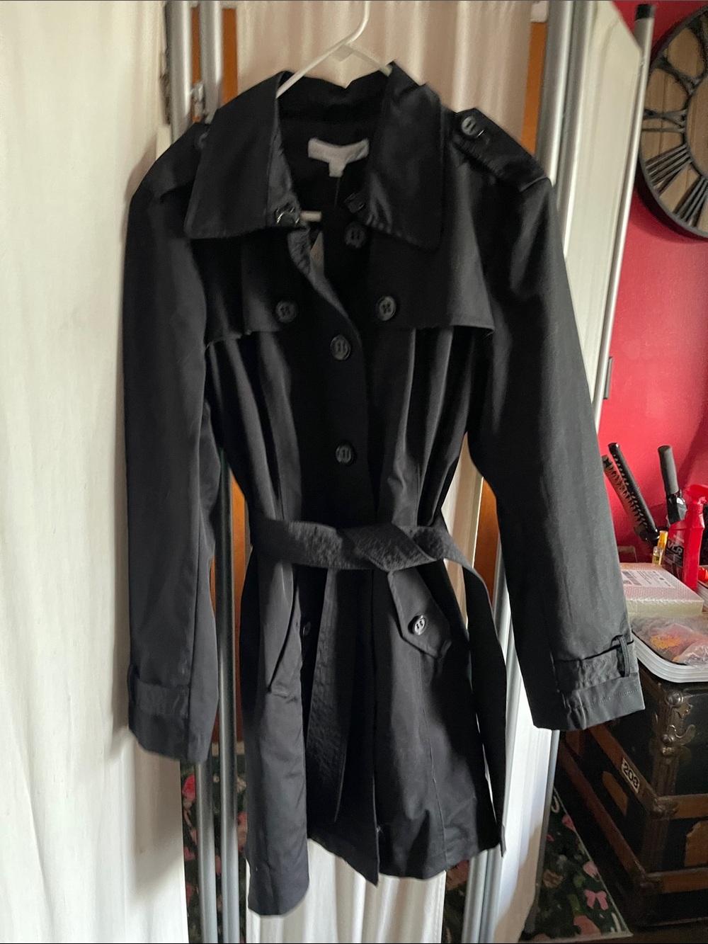 New York & Company Black Double-Breasted Trench Coat with Belt